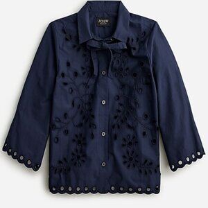 J Crew Collection button-up bow top in cotton poplin eyelet, navy, sz. medium